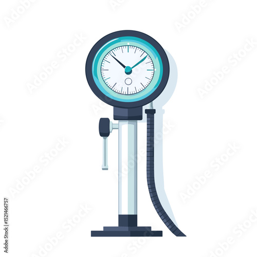 Isolated Blue White Colored Tire Pressure Gauge for Cars and Bicycles with Analog Meter and Round Dial Under Soft Studio Lighting on White Background