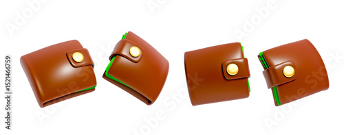 Brown Leather Wallet with Button Closure 3d render illustration icon set