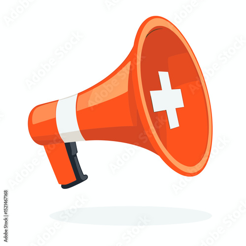 Isolated Orange Megaphone with White Plus Symbol and a Handle for Announcement or Healthcare