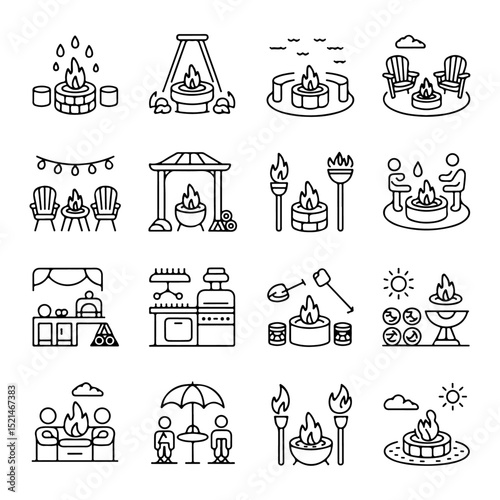 High Quality Backyard Firepit Outdoor Features Line Icon Set