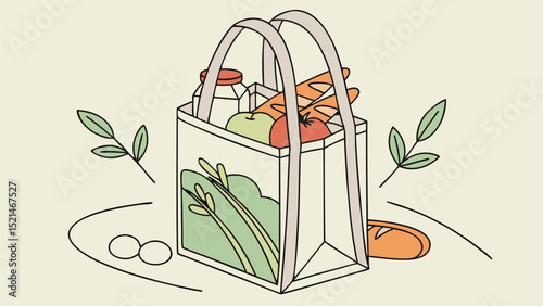 Illustration of a reusable grocery bag filled with food items on a table with leafy branches