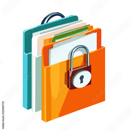Isometric Illustration of Padlocked Orange Folder with Blue File and White Sheets Secured for Confidential Data on White Background