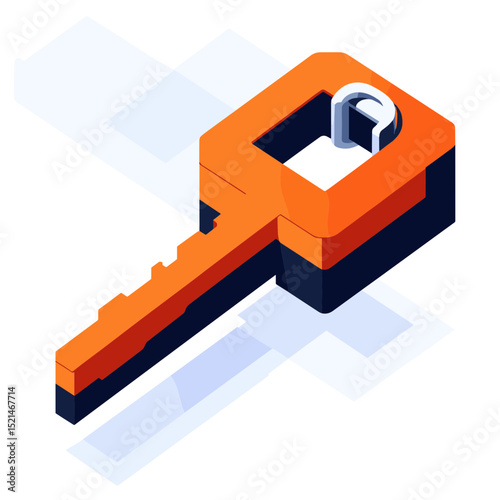 Isometric Orange Key Illustration Against White Background Offering Digital Protection