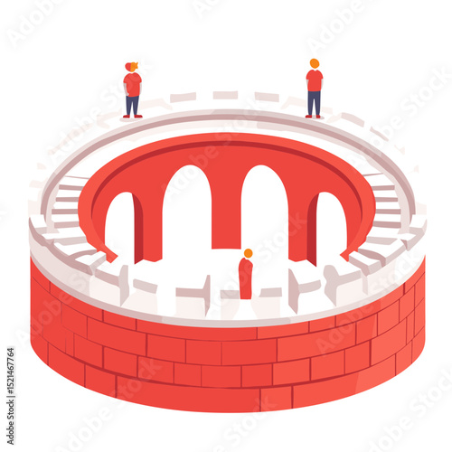 Isometric View of a Red and White Brick Round Tower Structure with People Standing on Top in an Architectural Design Illustration
