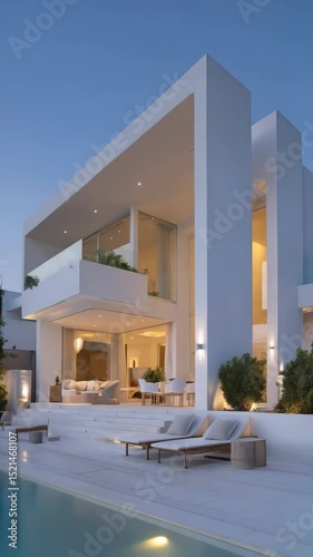 Luxury minimalist villa with pool and outdoor furniture at dusk with architectural modern design and illuminated interiors in twilight sky