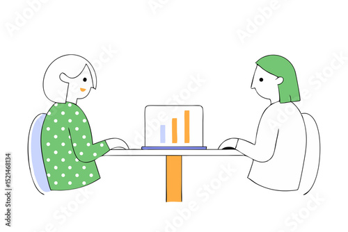 a digital illustration in a flat, minimalist style, featuring two cartoon characters engaged in a business meeting. 