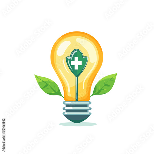 Lightbulb with Medical Shield and Green Leaves Illustration on White Background Representing Healthcare Innovation and Sustainable Solutions