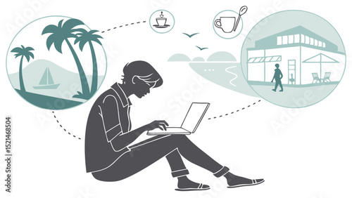 Person sitting with laptop dreaming of beach, coffee, and cafe, connected by dotted lines design