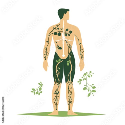 Lymphatic System Anatomy Illustration Showing Lymph Nodes in Green and White on Tan Skinned Man on White Background Health Diagram