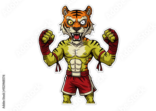 Fierce Tiger Boxer Powerful Muay Thai Fighter Illustration, Strong Animal Athlete, MMA Cartoon Character Design, Vector Graphic