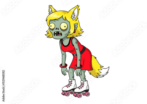 Cute Zombie Roller Girl Illustration Spooky Fun with a Whimsical Twist.  Perfect for Halloween, gothic art, or quirky character designs. Download this unique artwork for your creative projects!