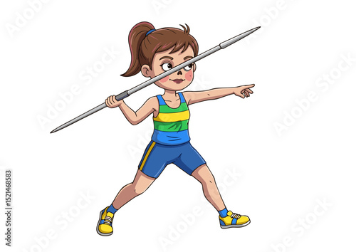 Young Girl Athlete Javelin Thrower Cartoon Illustration Dynamic Pose, Colorful Outfit,  Sporty Energy, Competition Spirit, Athletic Skill