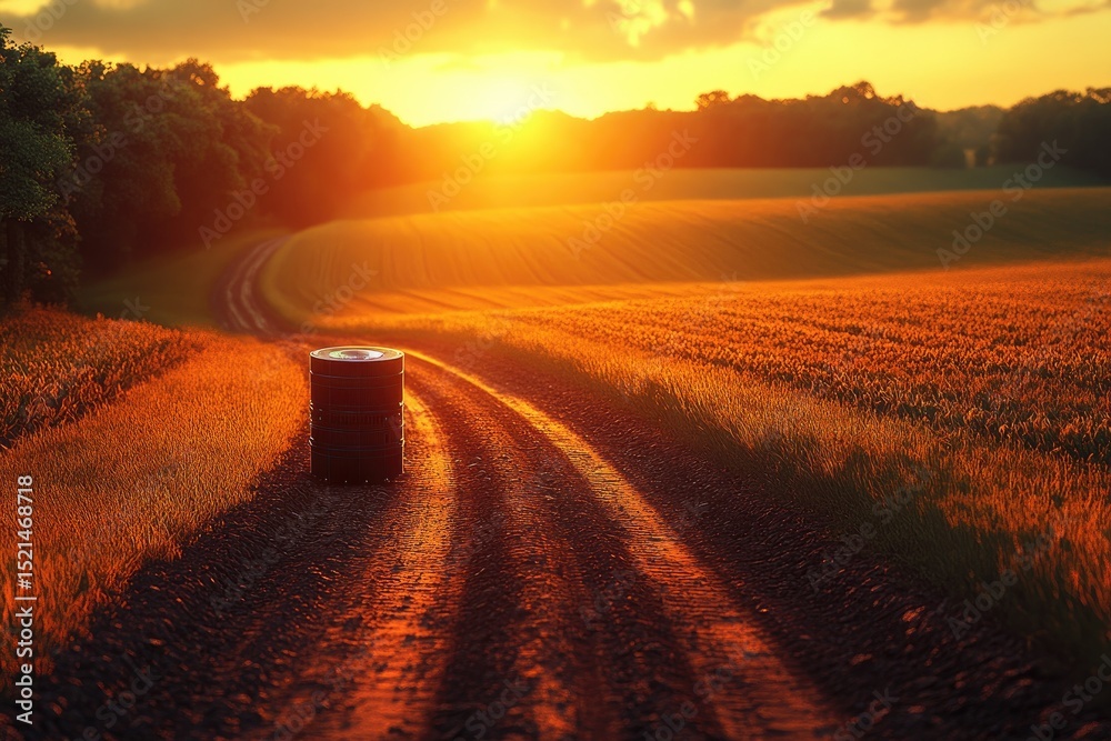 Naklejka premium Sunset over a rural pathway with a barrel.
