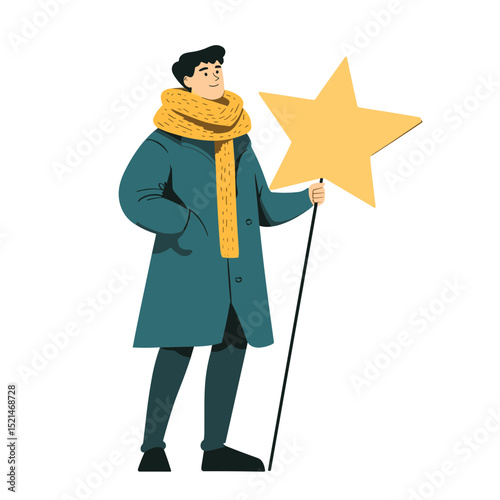 Man in Blue Coat Holding a Yellow Star Illustration on White Background Wearing Matching Scarf and Representing Success and Inspiration