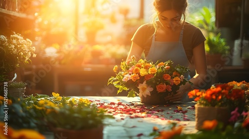 Woman Arranging Vibrant Flowers in Sunny Florist Shop Workspace