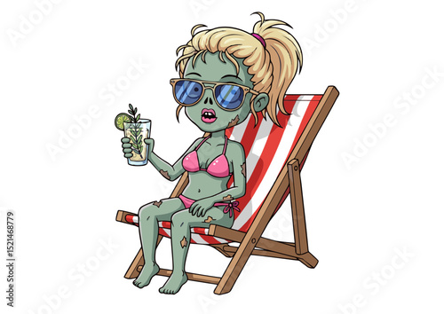 Adorable Zombie Girl Relaxing on Beach Chair with Cocktail Spooky Summer Fun Illustration