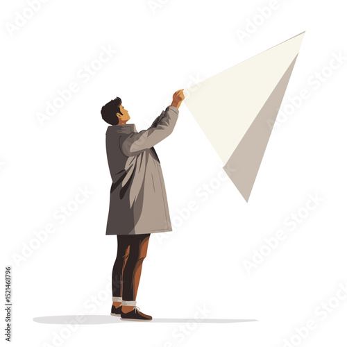 Man in Gray Coat Holding White Paper Airplane Ready to Launch on White Background Represents Business Startup and Creative Design