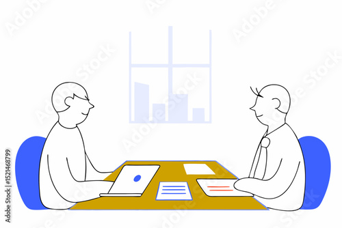 a digital illustration in a flat, minimalist style, featuring two cartoon characters engaged in a business meeting. 