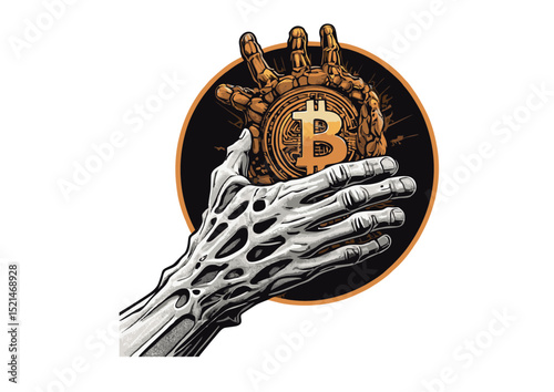 Skeletal Hand Grasping Bitcoin A Digital Currency Illustration Exploring the Volatility and Risk of Cryptocurrency Investments