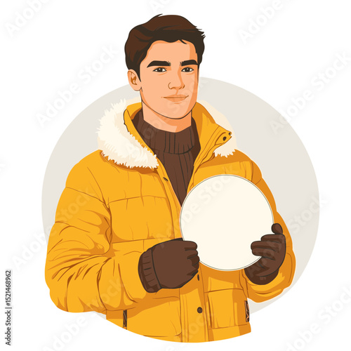Man in Yellow Winter Jacket Holding a Snowball Portrait Against Neutral Background Vector Illustration