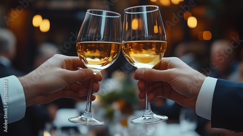 Elegant wine tasting celebration two glasses clinking toast luxury event
