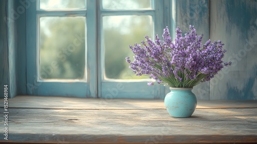 Rustic Lavender Bouquet in Teal Vase on Wooden Windowsill near a Sunlit Window