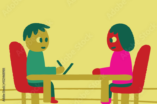 a digital illustration in a flat, minimalist style, featuring two cartoon characters engaged in a business meeting. 