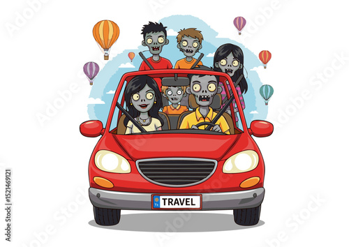 Undead Family Road Trip A Spooky Zombie Family Vacation Adventure in a Red Car, Hot Air Balloons Soaring Above