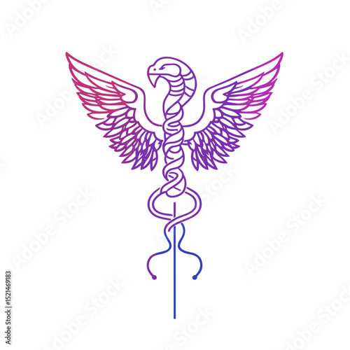 Medical Caduceus Symbol with Snake and Eagle Wings in Pink Purple and Blue Gradient on White Background