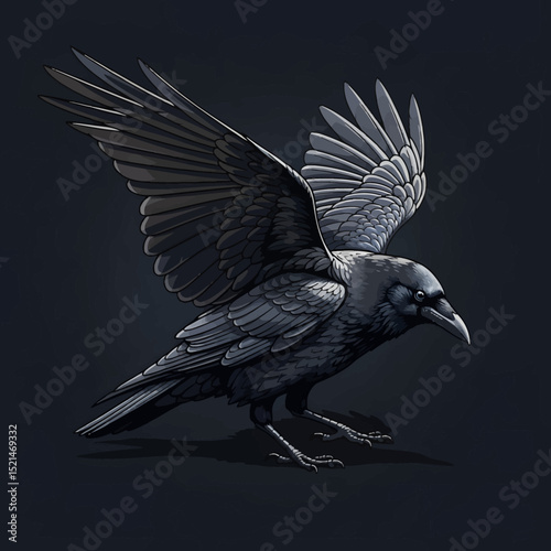 Digitally Rendered Raven in Flight with Detailed Feather Structure and Dark Tones