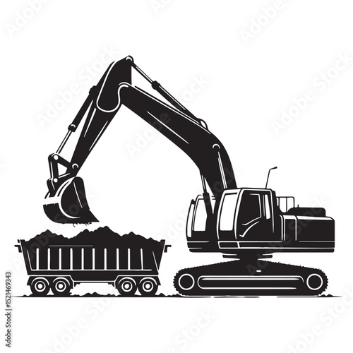 Industrial Excavator silhouette in work mode – Excavator illustration – Minimalist Excavator vector – Vehicle silhouette

