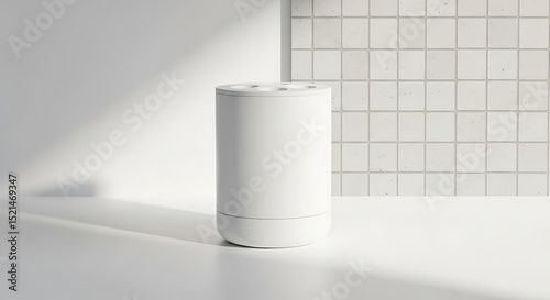 Minimalist White Smart Air Purifier with Clean Modern Design on White Surface. photo