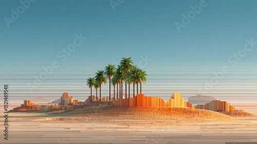 Abstract oasis made of digital code, desert mirage symbolizing data-driven illusions,