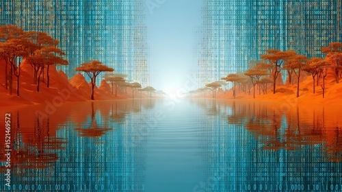 Abstract oasis made of digital code, desert mirage symbolizing data-driven illusions,