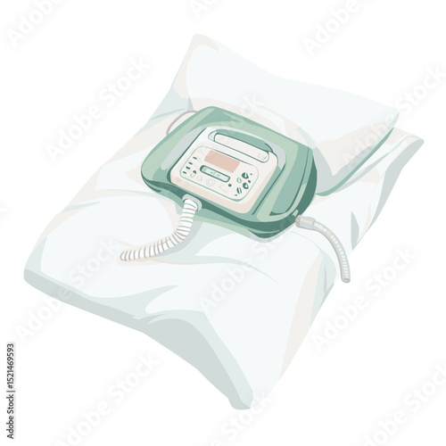 Medical Cold Therapy Unit on White Pillow Isolated in a Digital Illustration Featuring Portable Electronic Equipment and a Green Control Panel