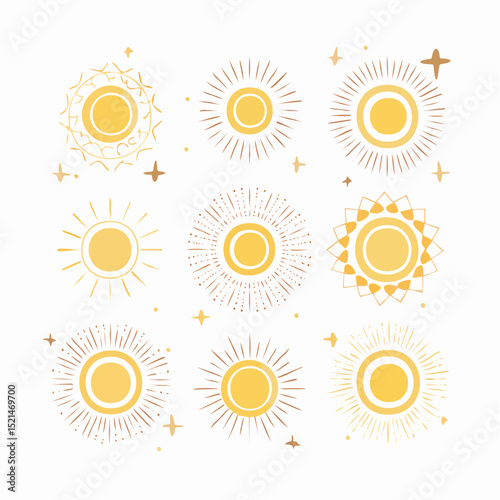 Vector set of linear boho icons and symbols - sun logo design templates - abstract design elements for decoration in modern minimalist style for social media posts