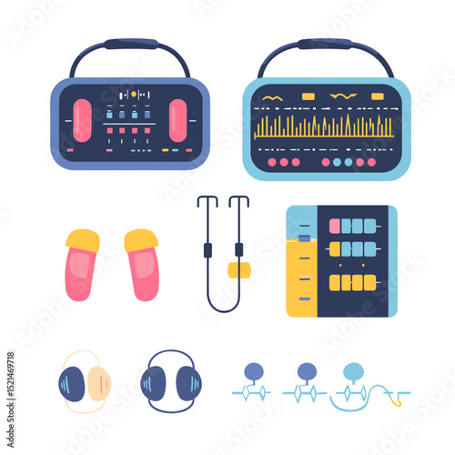Medical Diagnostic Equipment Illustration with Portable Scanners Headphones Sensors in a Simple Flat Vector Style Design on White Background