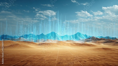 Floating data charts appearing like a mirage above desert floor, unreal analytics symbolism,