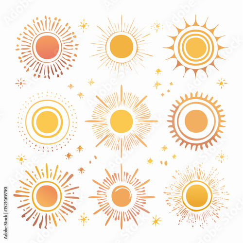 Vector set of linear boho icons and symbols - sun logo design templates - abstract design elements for decoration in modern minimalist style for social media posts