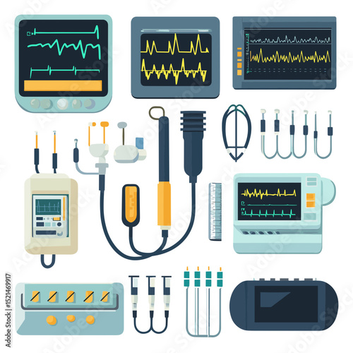 Medical Equipment Illustration with Monitors and Diagnostic Devices in Flat Design