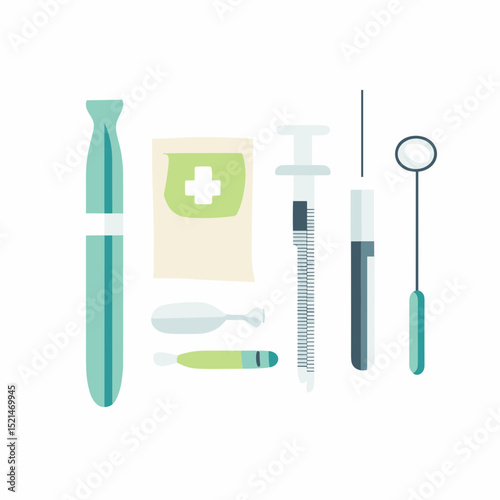 Medical Equipment Still Life on White Background with Needle Syringe Medicine Tools and Tongue Depressor in Flat Design Style