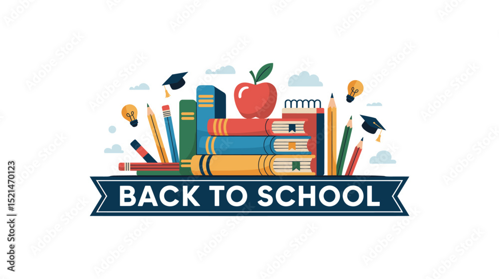 Back to school illustration with books apple and stationery Back to school illustration with books apple and stationery