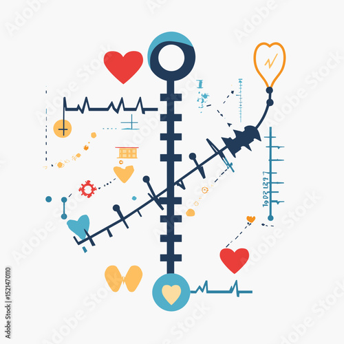 Medical Healthcare Abstract Design with Heart Symbol and Thyroid Gland Icon in Teal and Orange Colors on White Background