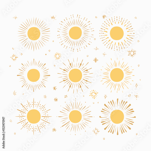 Vector set of linear boho icons and symbols - sun logo design templates - abstract design elements for decoration in modern minimalist style for social media posts