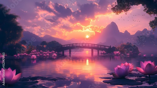 Serene Sunset Landscape with Pink Lotus Flowers and Wooden Bridge over Calm Water, Mountains Background