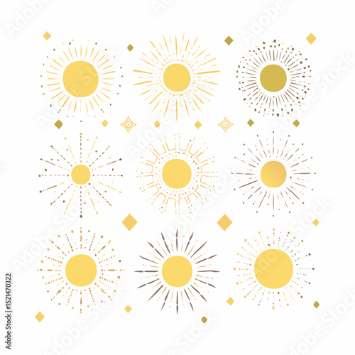 Vector set of linear boho icons and symbols - sun logo design templates and pritns - abstract design elements for decoration in modern minimalist