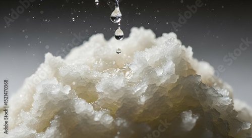 Water Droplets Falling On A Mound Of White Crystals Macro Shot