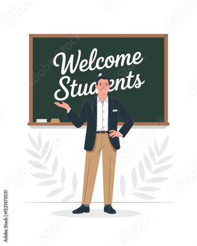 Smiling male teacher welcoming students blackboard illustration
