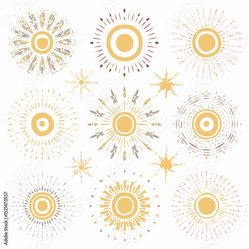 Vector set of linear boho icons and symbols - sun logo design templates and pritns - abstract design elements for decoration in modern minimalist