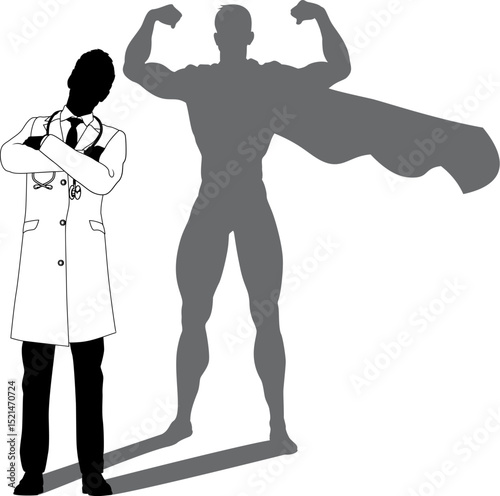A superhero medical doctor man health care worker revealed by his shadow silhouette as a super hero in a cape.